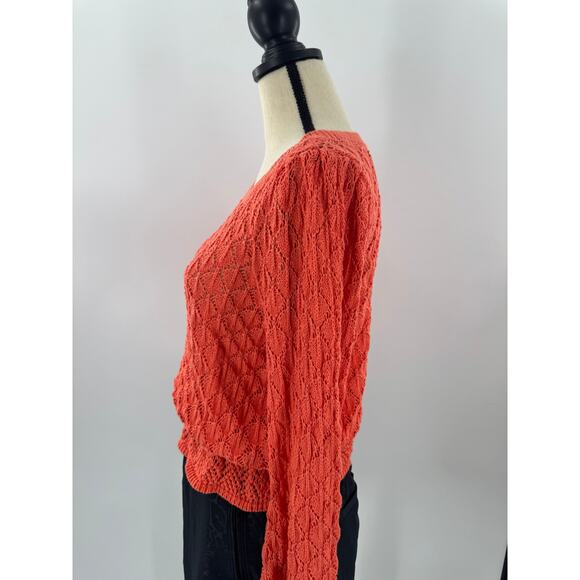 Anthropologie Flounce Hem Pointelle Sweater Orange Coral Knit Lace Sweater M - Picture 4 of 11